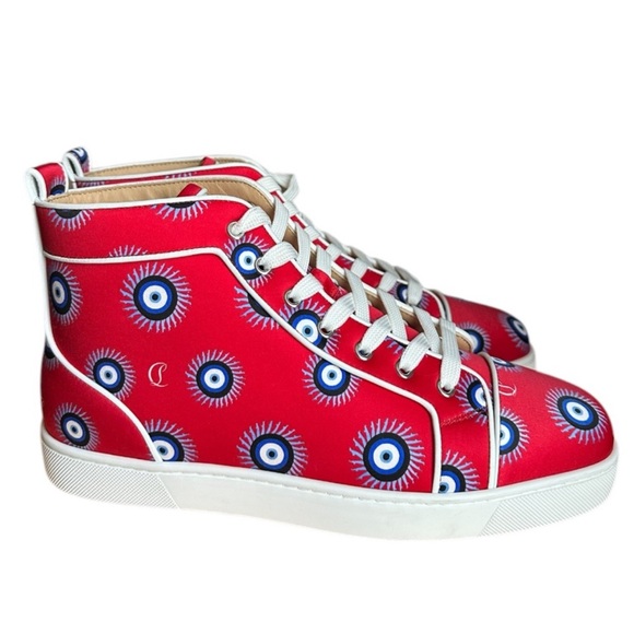 New never worn Christian Louboutin Red Sneakers with Blue Eye Design